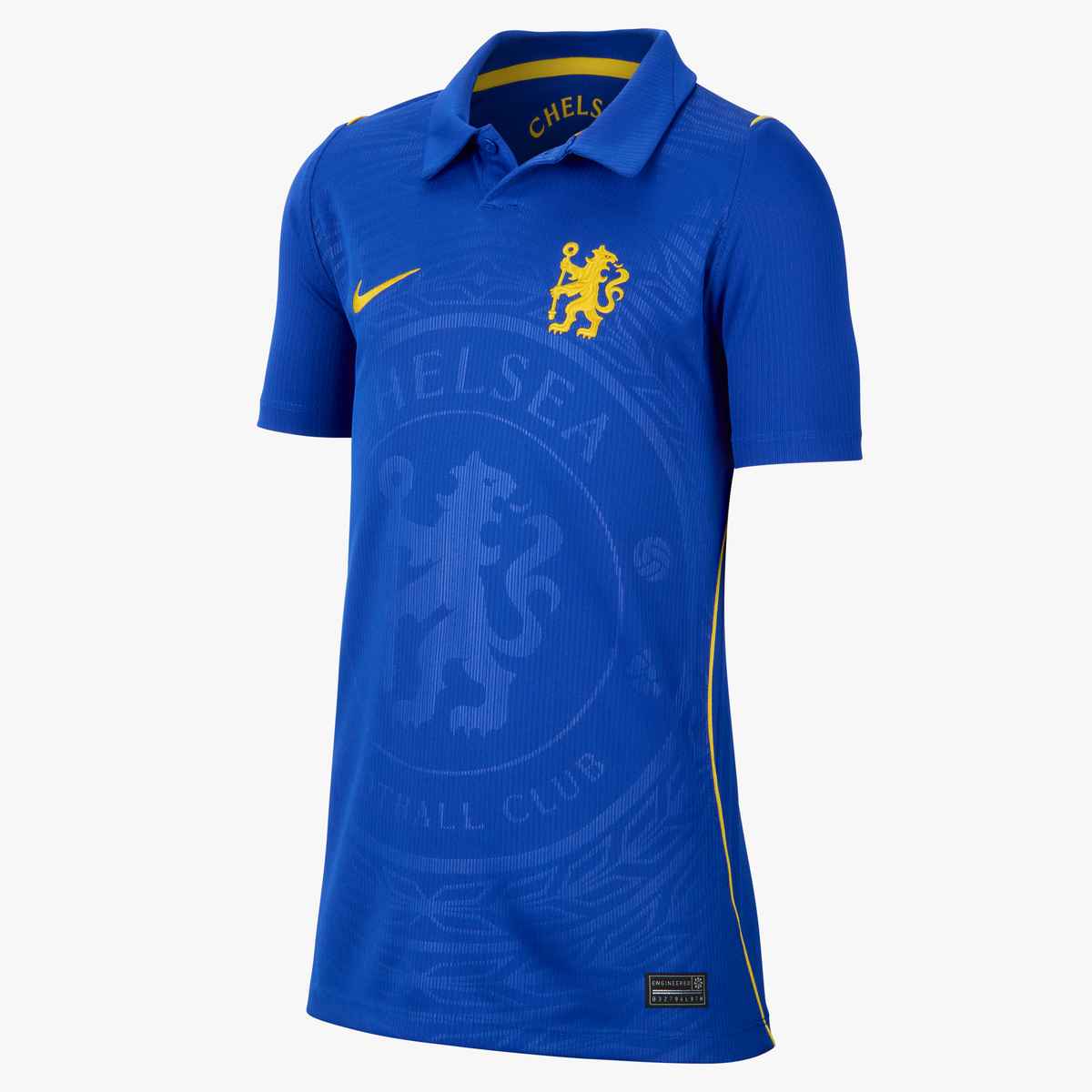Blue sports jersey with yellow accents featuring a logo on a white background