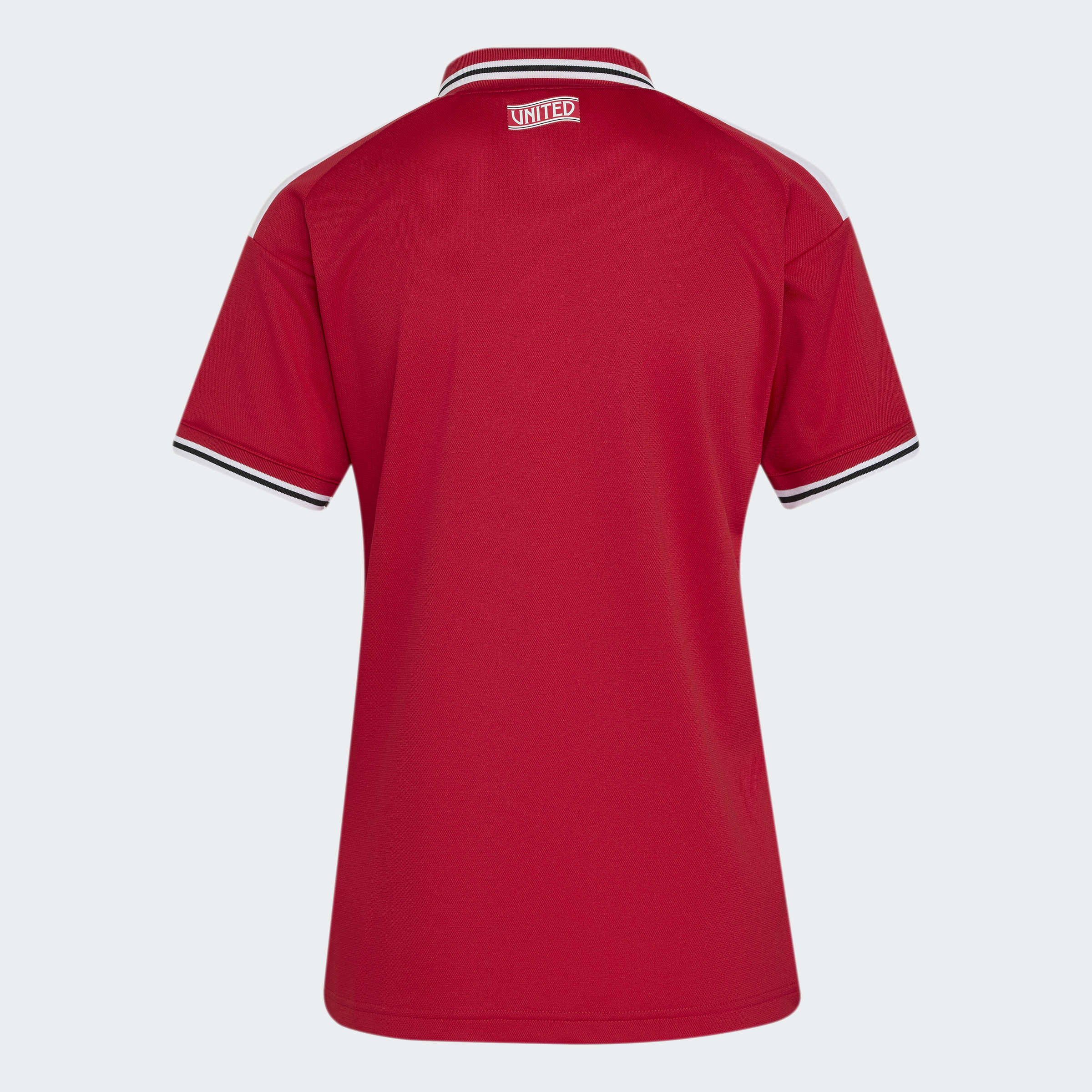 manchester united 2026/27 home shirt, red and white, back view on background