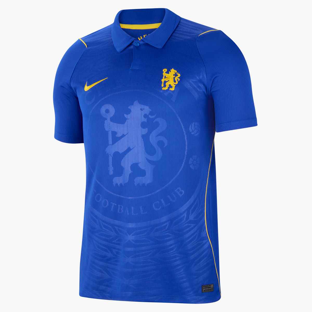 Blue sports jersey with a prominent logo on a white background