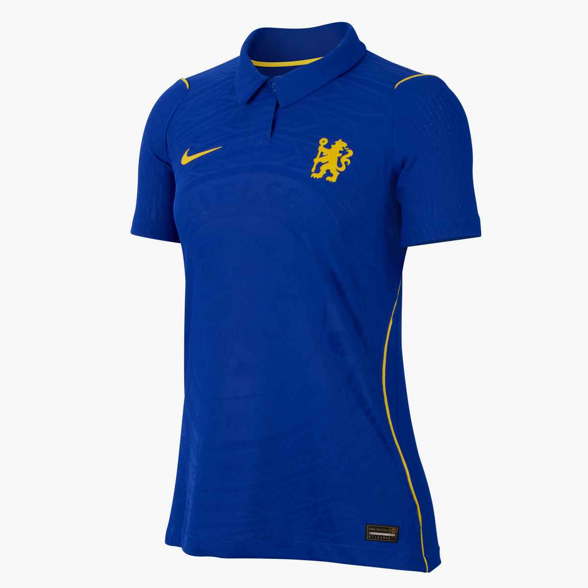 Blue polo shirt with yellow accents and a logo on a white background